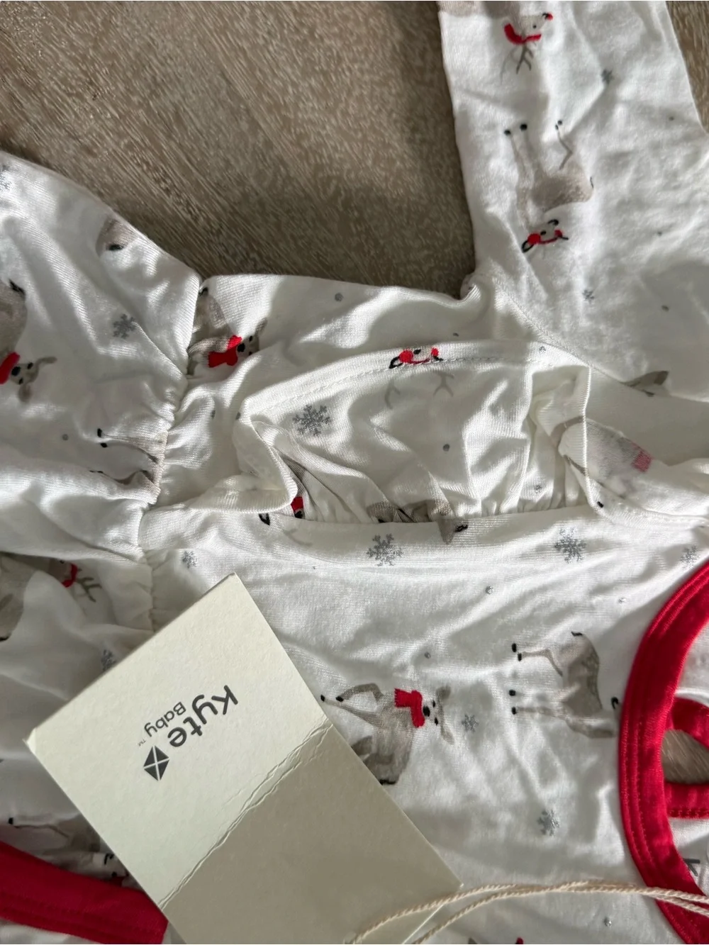 Kyte BABY White Reindeer Print Pajama Romper with Red Trim